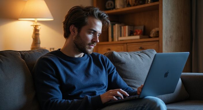 Een man zit ontspannen op een bank en gebruikt zijn laptop om te zoeken naar flirt contact in Vlaanderen.