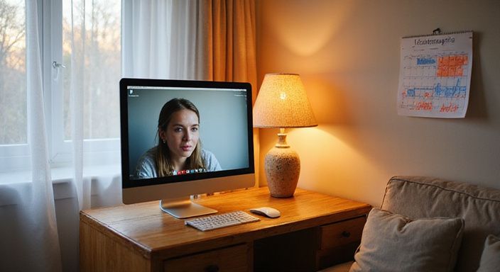Een gezellige woonkamer met een computer en videobellen.