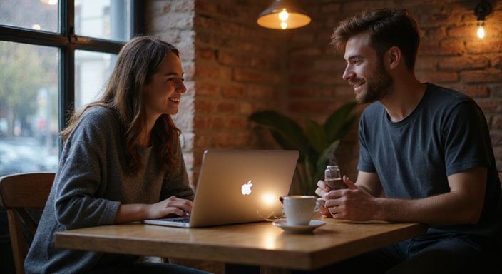 Een jong stel deelt een lach in een gezellig café.