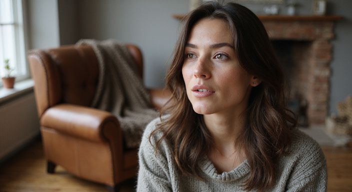 Een vrouw in een sweater voert een ontspannen videochat tijdens haar flirt contact in Vlaanderen.