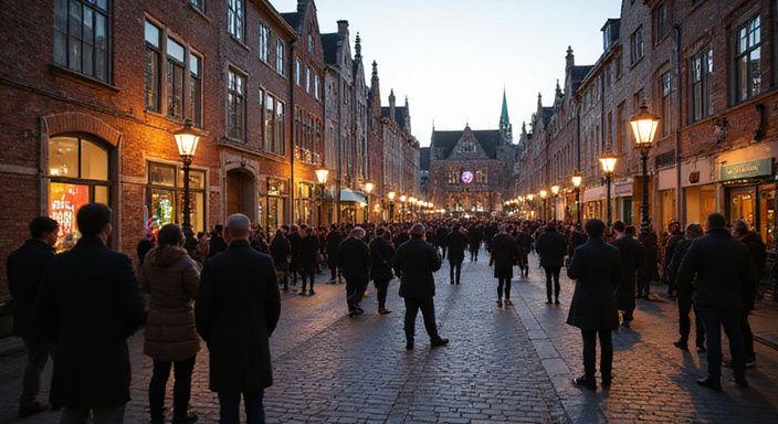 Een levendig stadsplein met historische gebouwen en een nieuwsgierige menigte.