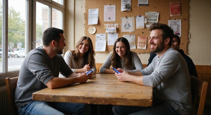 Vijf vrienden lachen samen aan een rustieke tafel in een café.