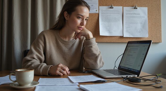 Een vrouw werkt geconcentreerd aan haar laptop met documenten op een bureau.