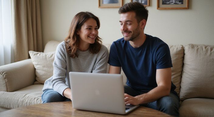 Een koppel lacht samen terwijl ze online daten op een laptop.