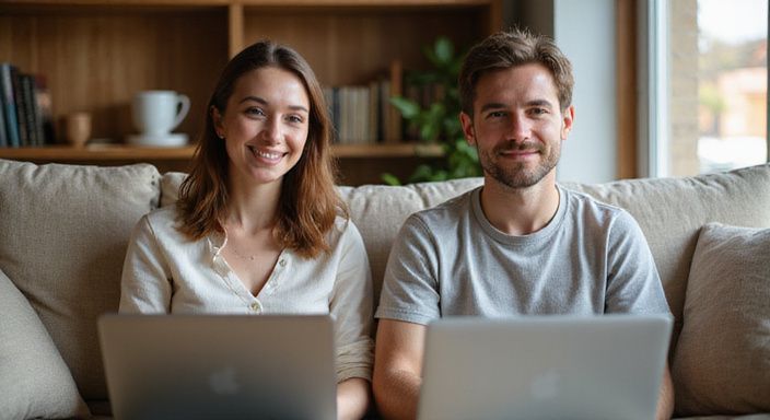 Twee jonge volwassenen videochatten ontspannen op een bank in hun woonkamer.