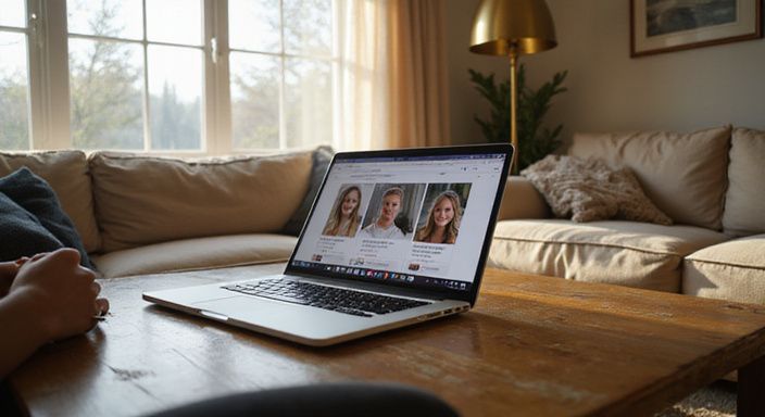 Een gezellige woonkamer met een laptop en datingwebsite voor flirt contact in Vlaanderen