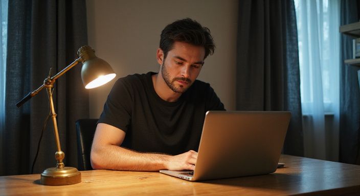 Een jonge man neemt geconcentreerd een beslissing op zijn laptop.