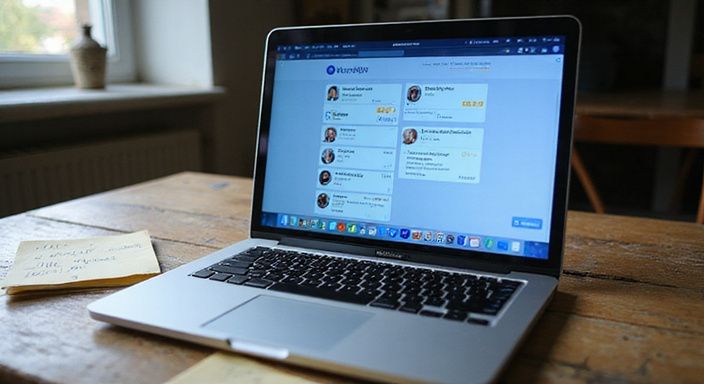 Een MacBook Pro toont een datingapplicatie voor discreet sexcontact op een houten bureau.