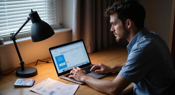 Een jongvolwassene werkt geconcentreerd aan een laptop in een thuiskantoor.