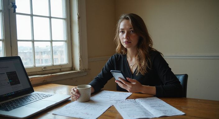 Een vrouw werkt gefocust aan haar datingprofiel op een bureau.