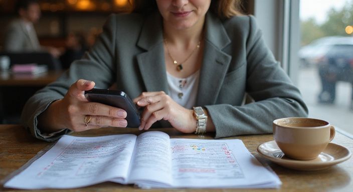 Een vrouw bekijkt geconcentreerd documenten en haar smartphone in een café.
