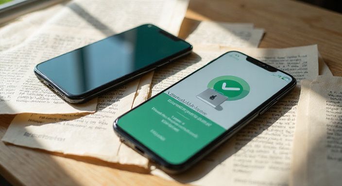 Twee smartphones met een verificatie-interface op een bureau.