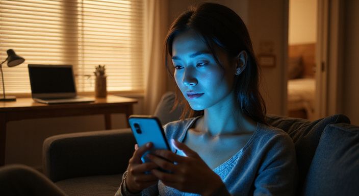 Vrouw zit ontspannen op een moderne bank, geconcentreerd op haar smartphone.