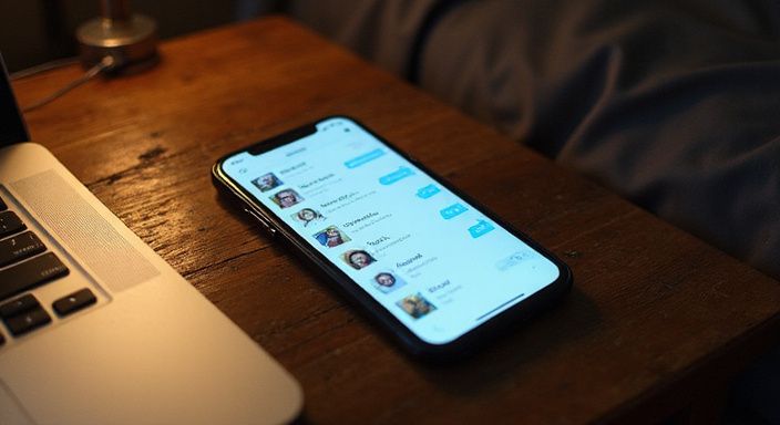 Een smartphone met een datingapp voor discreet sexcontact op een houten bureau.
