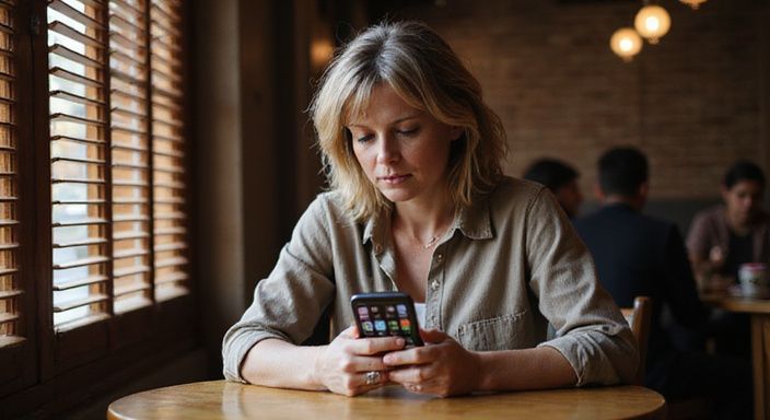 Een vrouw in gedachten, met een smartphone is op zoek naar discreet sexcontact