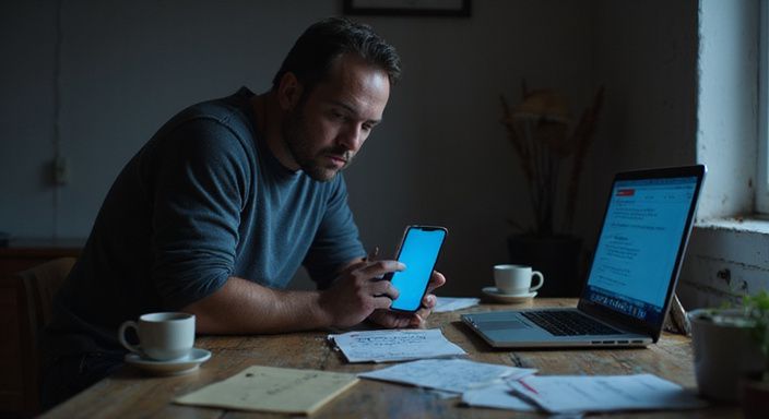 Een man voelt zich gestrest terwijl hij datingapps bekijkt.