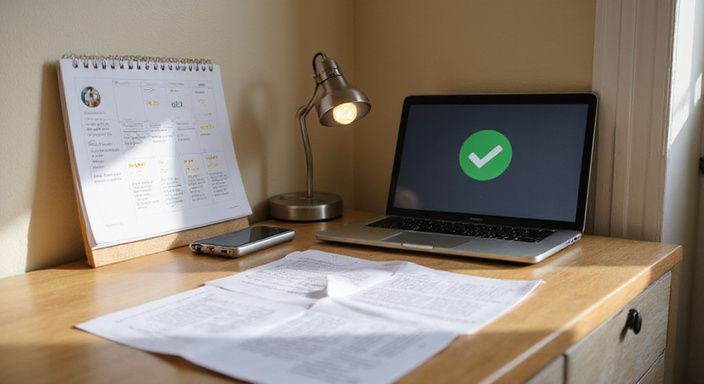 Minimalistische werkruimte met laptop, telefoon en documenten.