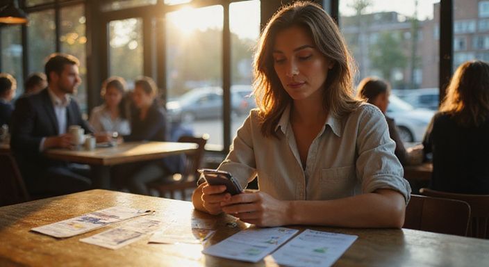 Een vrouw verdiept in haar smartphone met ID-kaarten op tafel en wil discreet sexcontact.