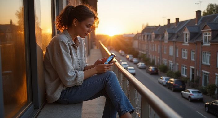 Een vrouw zit contemplatief op een balkon met een smartphone.