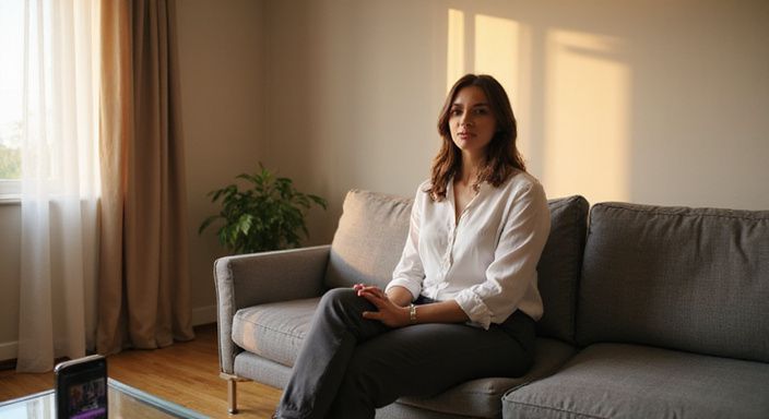 Een vrouw in zakelijke casual kleding zit ontspannen in een moderne woonkamer.