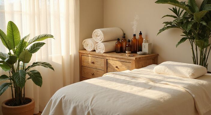 Een serene spa-behandelruimte met elegante inrichting en natuurlijke elementen.