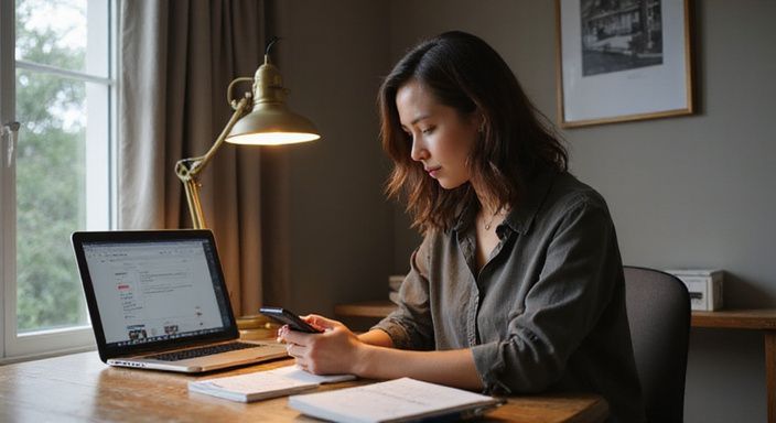 Een vrouw in een thuiskantoor, geconcentreerd op haar smartphone.