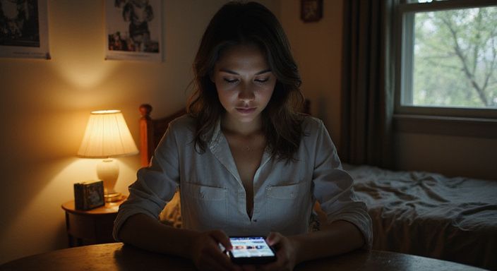 Een vrouw in haar twintiger jaren kijkt nadenkend naar haar smartphone.