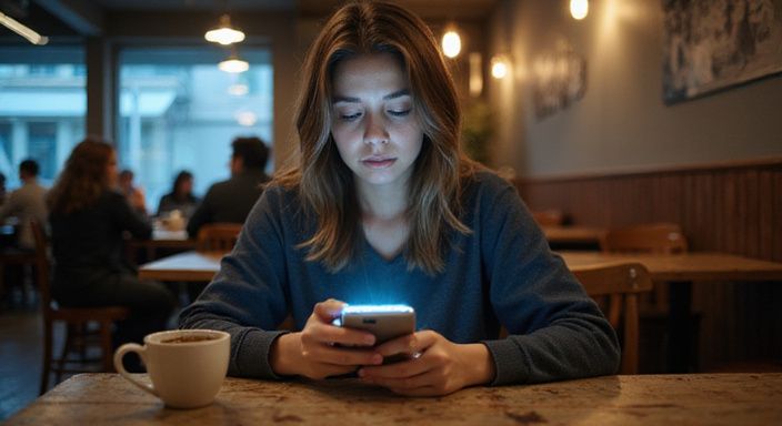 Een vrouw in haar mid-twintiger zit alleen aan een cafétafel en zoekt sexcontact in Sint-Niklaas.