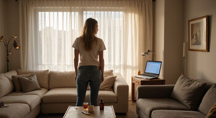 Een vrouw in een studioappartement, verdiept in gedachten bij haar laptop.