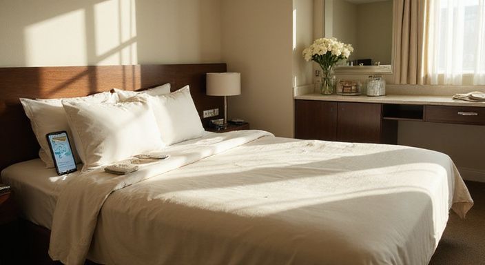 Een modest hotelkamer met een net bed en zorgvuldig geplaatste voorzieningen.