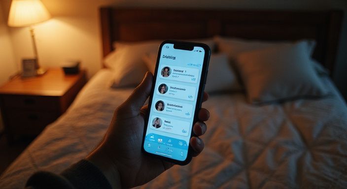 Een smartphone toont een datingapp in een gezellige slaapkamer.