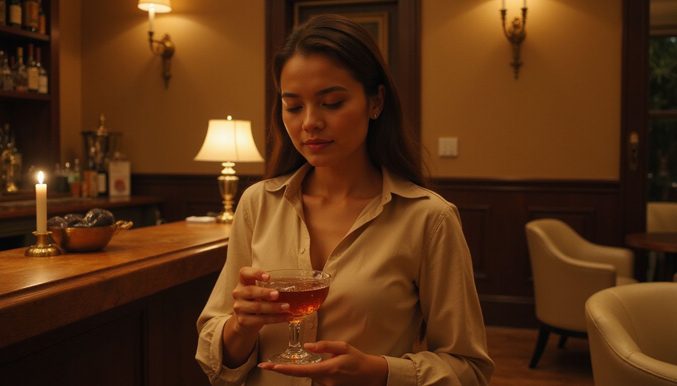 Een vrouw in een hotel lounge, diep in gedachten met een cocktail. Een vrouw in een hotel lounge, diep in gedachten met een cocktail.