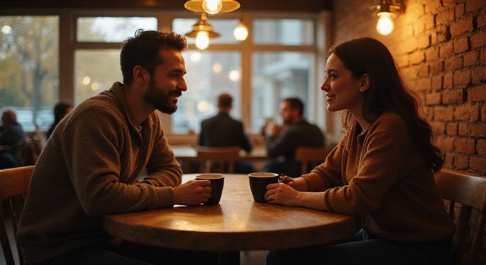 Twee jonge mensen delen een intiem moment in een café. Twee jonge mensen delen een intiem moment in een café.
