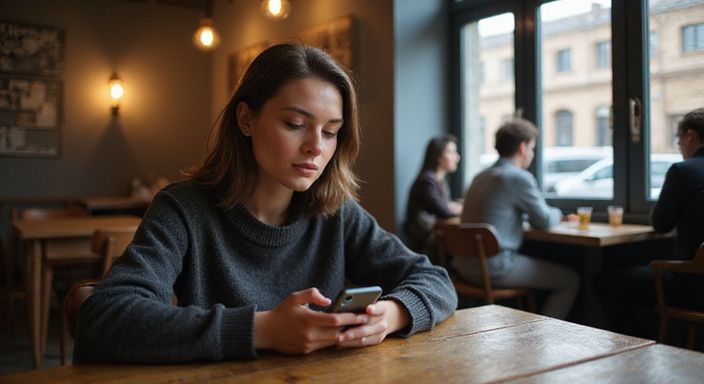 Een vrouw in een café kijkt aandachtig naar haar smartphone. Een vrouw in een café kijkt aandachtig naar haar smartphone.