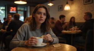 Een vrouw met spanning, zittend in een druk café
