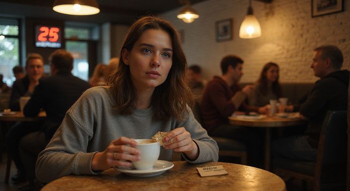 Een vrouw met spanning, zittend in een druk café. Een vrouw met spanning, zittend in een druk café en wil flirten en daten in Vlaanderen.