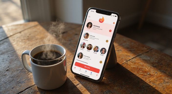 Een smartphone met het Tinder-interface staat op een verweerd eiken tafel. Een smartphone met het Tinder-interface staat op een verweerd eiken tafel.