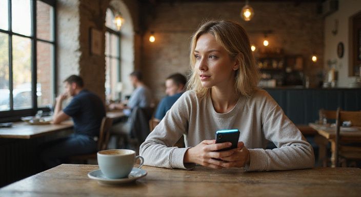 Een vrouw in een café, geconcentreerd op haar smartphone. Een vrouw in een café, geconcentreerd op haar smartphone op zoek naar flirten en daten in Vlaanderen.