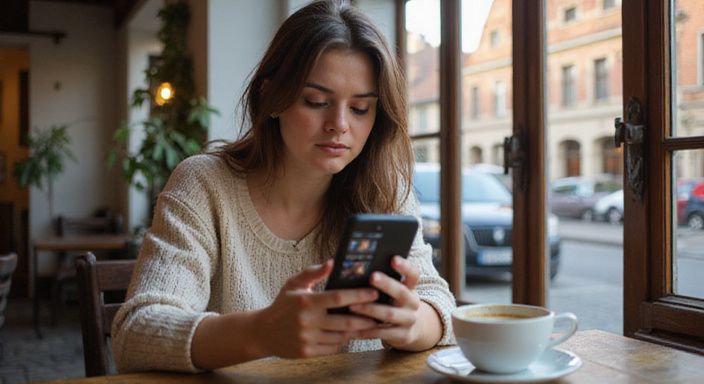 Een jonge vrouw kijkt geconcentreerd naar haar smartphone in een café. Een jonge vrouw kijkt geconcentreerd naar haar smartphone in een café en wil flirten en daten in Vlaanderen.