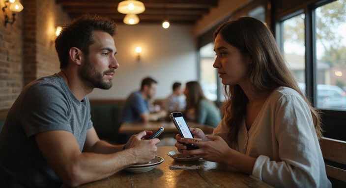 Een man en vrouw delen een moment in een café. Een man en vrouw delen een moment in een café.