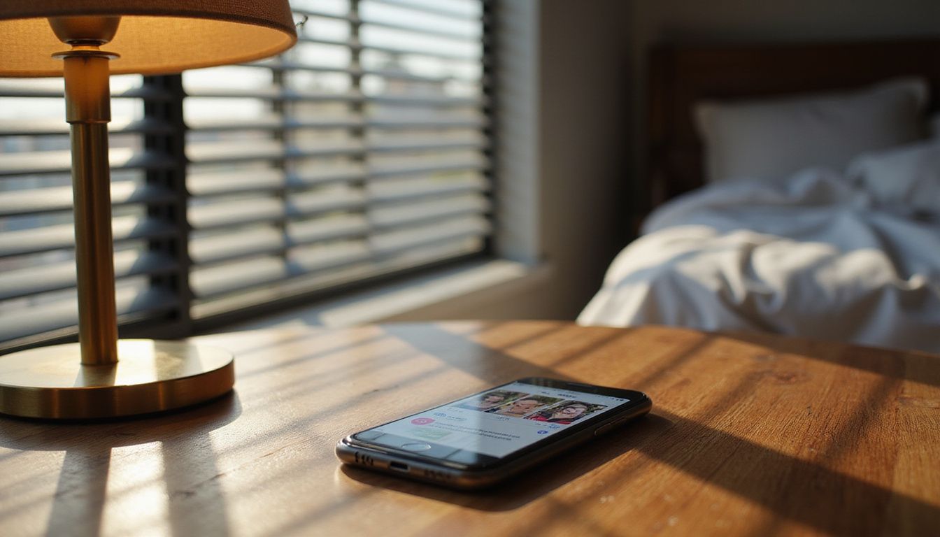 Een smartphone op een walnootbureau toont een datingapp-interface. Een smartphone op een walnootbureau toont een datingapp-interface.