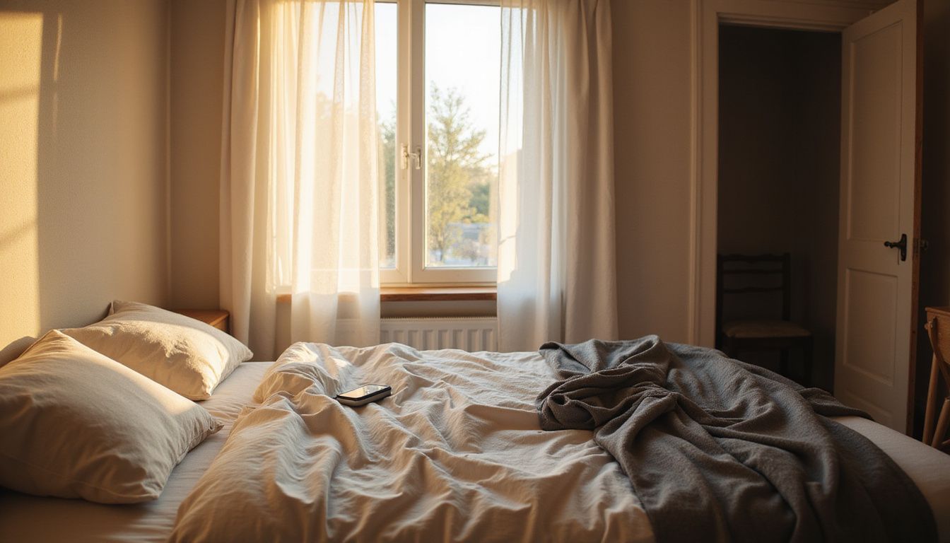 Een serene slaapkamer met een ongegemaakt bed en houten meubelen. Een serene slaapkamer met een ongegemaakt bed en houten meubelen.