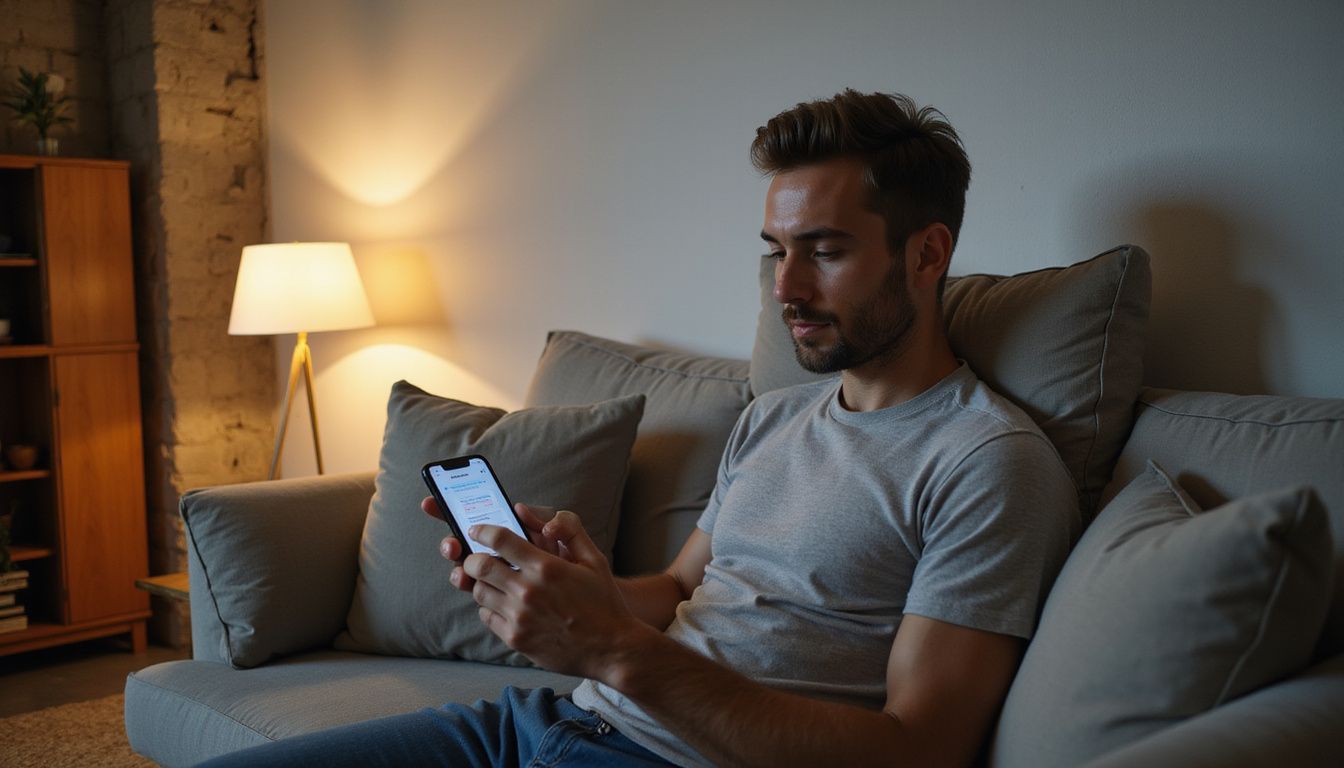 Een man in zijn twenties kijkt geconcentreerd naar een dating-app. Een man in zijn twenties kijkt geconcentreerd naar een dating-app.