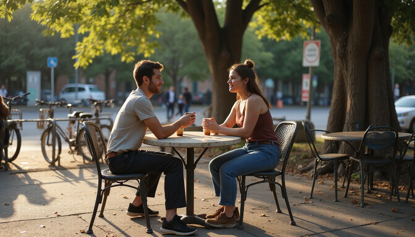 Twee mensen genieten van een ontspannen gesprek in een café in het park. Twee mensen genieten van een ontspannen gesprek over een neukafspraakje in Vlaanderen in een café in het park.