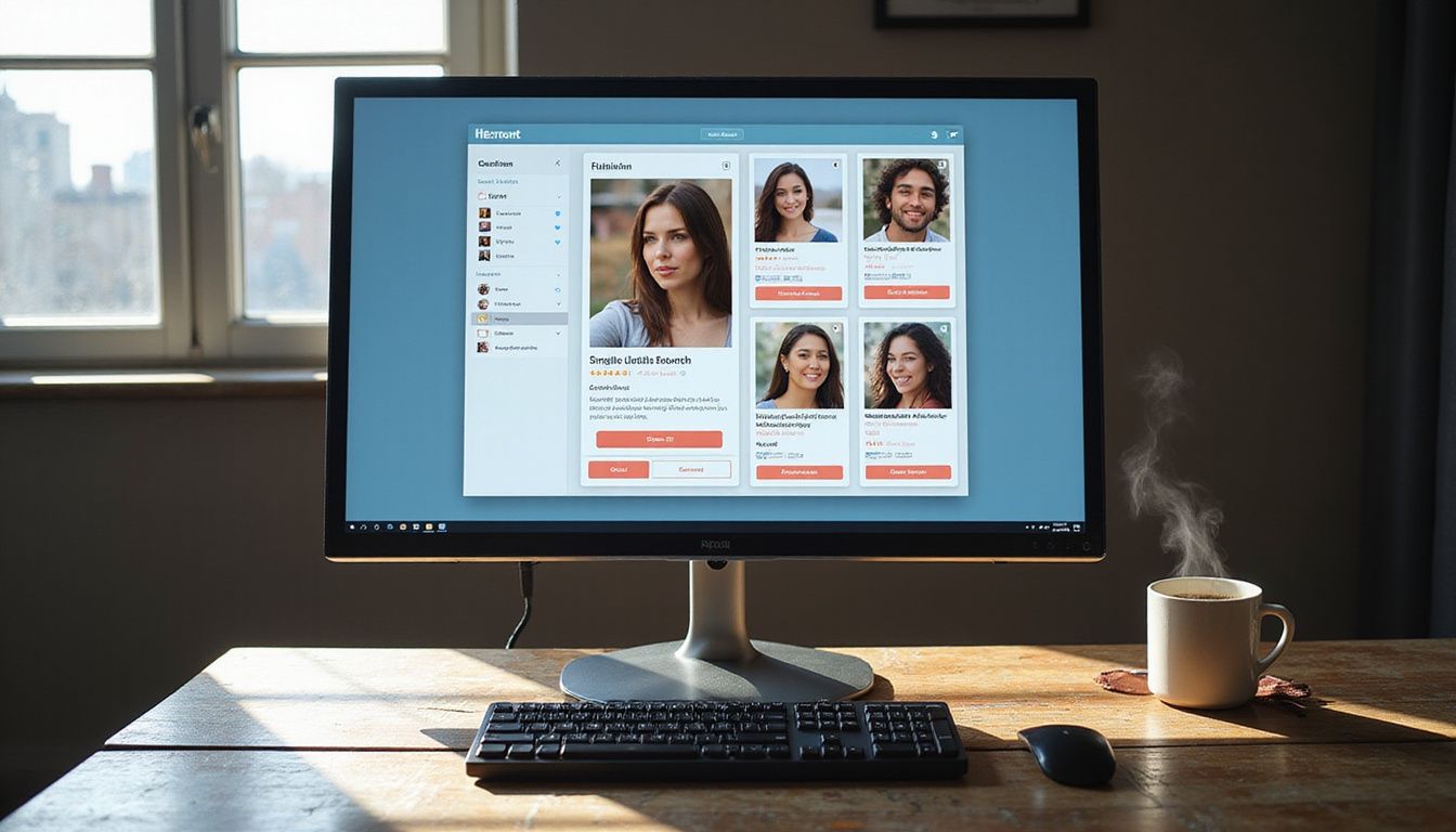 Een modern monitor toont een datingapp-interface op een houten bureau. Een modern monitor toont een datingapp-interface voor een neukafspraakje in Vlaanderen op een houten bureau.