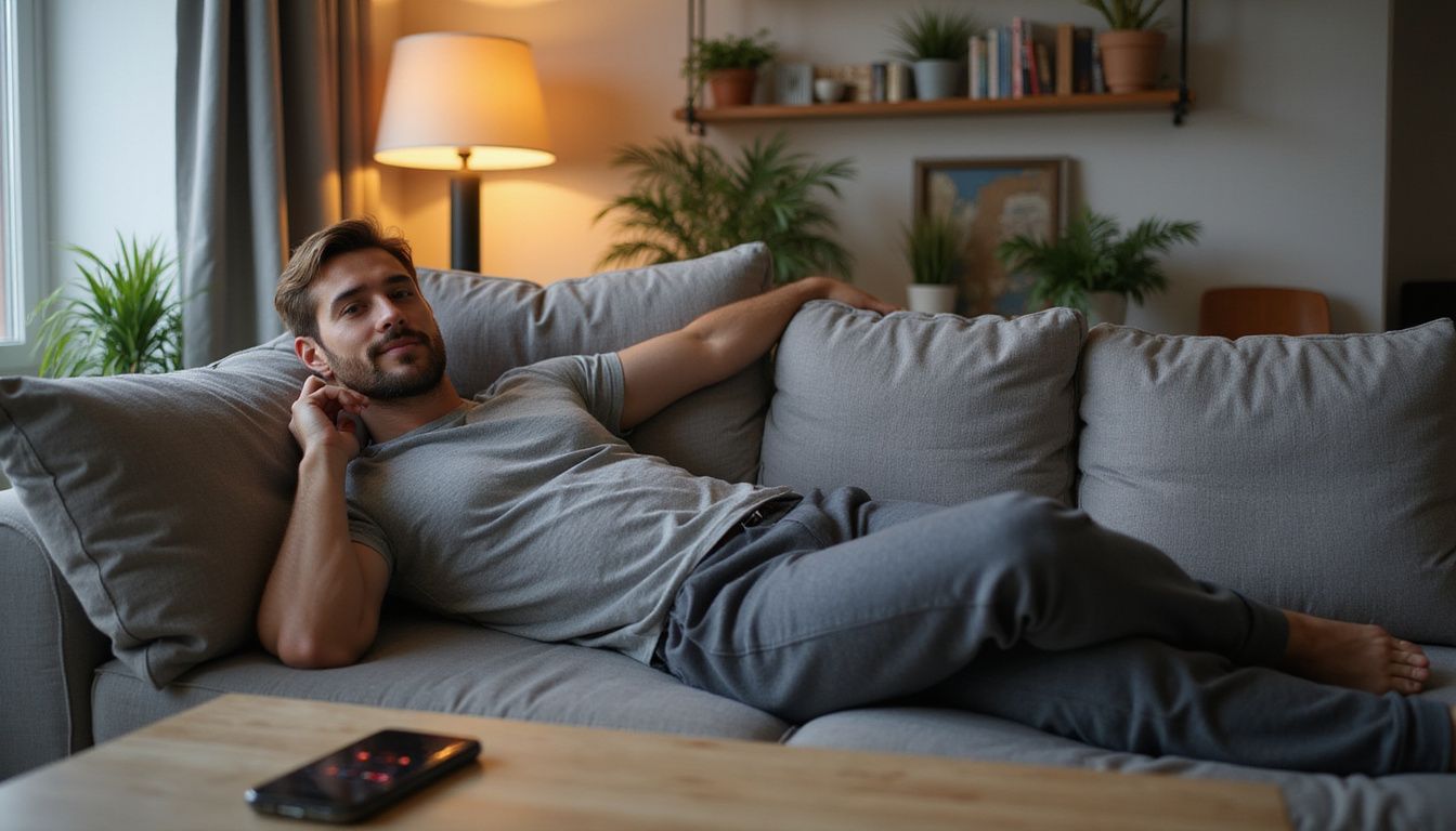 Een man ontspant op een moderne bank met een ontspannen uitstraling. Een man ontspant op een moderne bank met een ontspannen uitstraling.