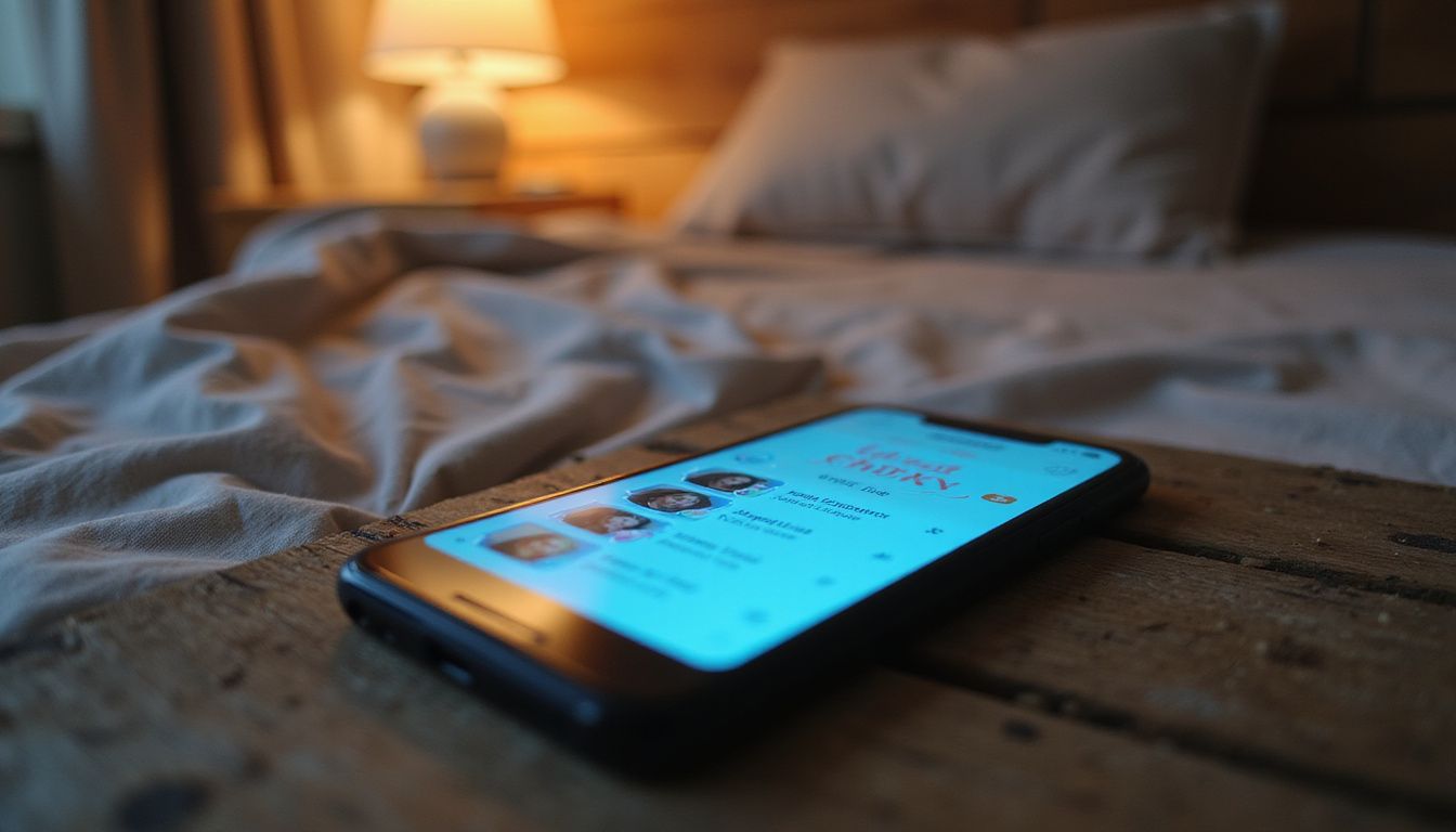 Een smartphone op een verouderde eiken nachtkastje met een dating-app. Een smartphone op een verouderde eiken nachtkastje met een dating-app.