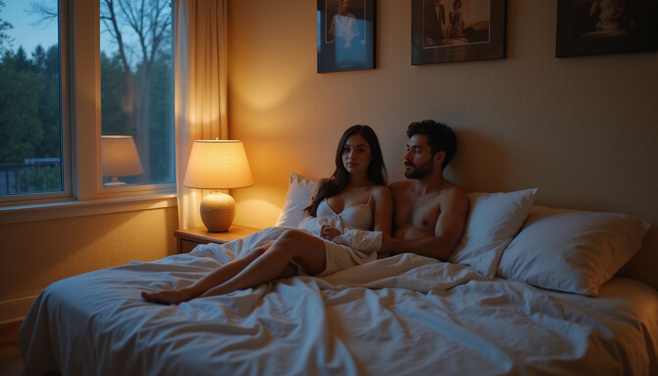Twee mensen zitten intiem en ontspannen op een moderne slaapkamer. Twee mensen zitten intiem en ontspannen op een moderne slaapkamer tijdens hun neukafspraakje in Vlaanderen.