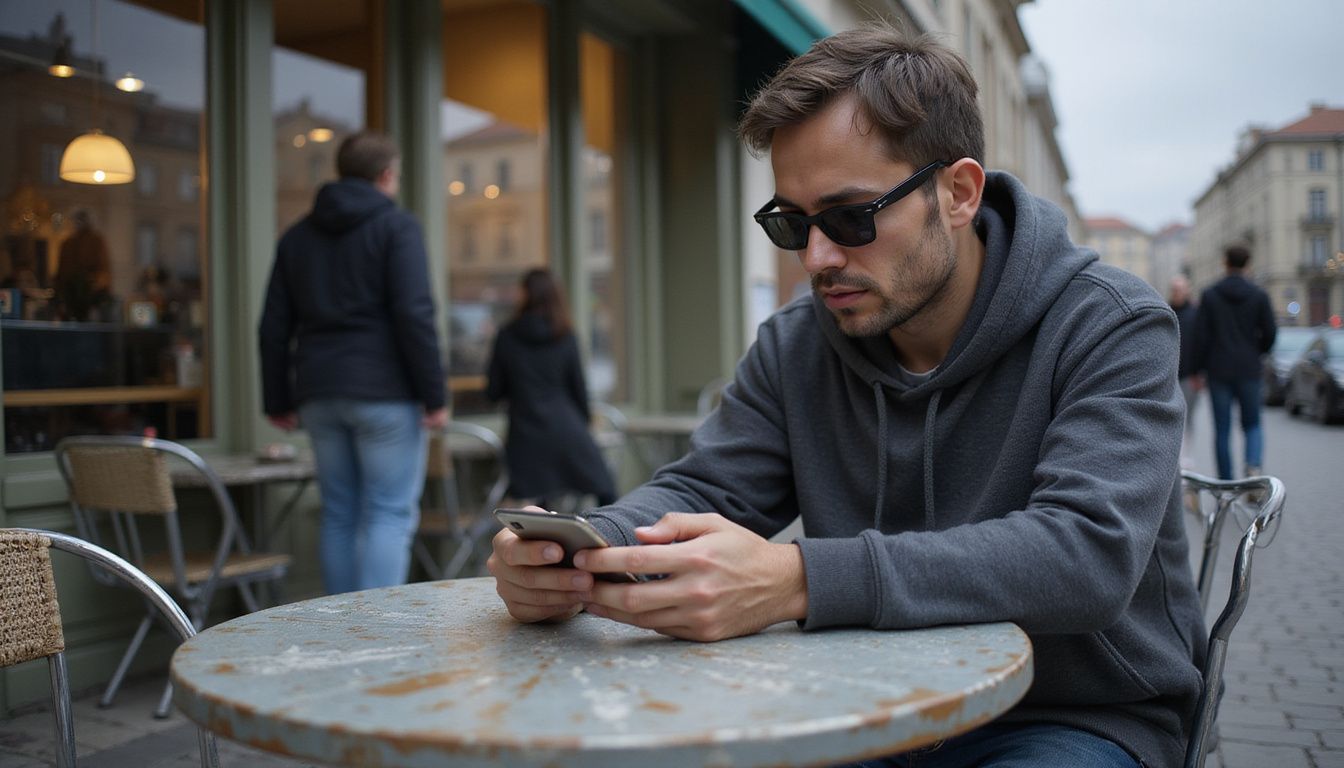 Een man in een hoodie zit alleen aan een café tafel. Een man in een hoodie zit alleen aan een café tafel.