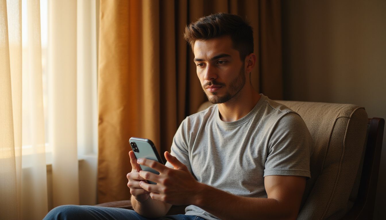 Een jongvolwassene kijkt geconcentreerd naar hun smartphone naast een hotelraam. Een jongvolwassene kijkt geconcentreerd naar hun smartphone naast een hotelraam en zoekt een neukafspraakje in Vlaanderen.